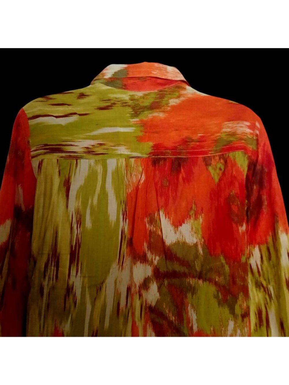 Talbots Tunic Blouse Cotton Silk Abstract Watercolor Orange Green V-Neck Wms 10P - Picture 10 of 11